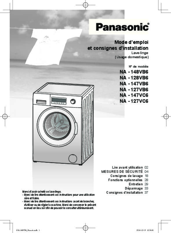 Panasonic na-147vc6wfr lave linge