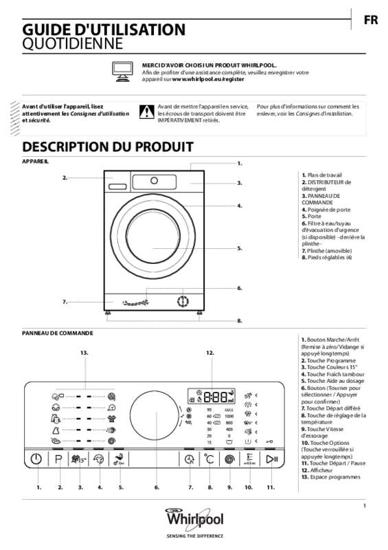Notice lave linge whirlpool 6ème sens