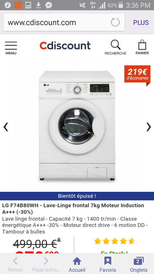 Lg f74b80wh - lave-linge frontal 7kg moteur induction a+++ (-30%)