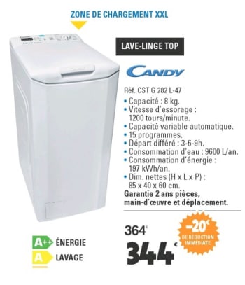Lave linge top candy 8kg
