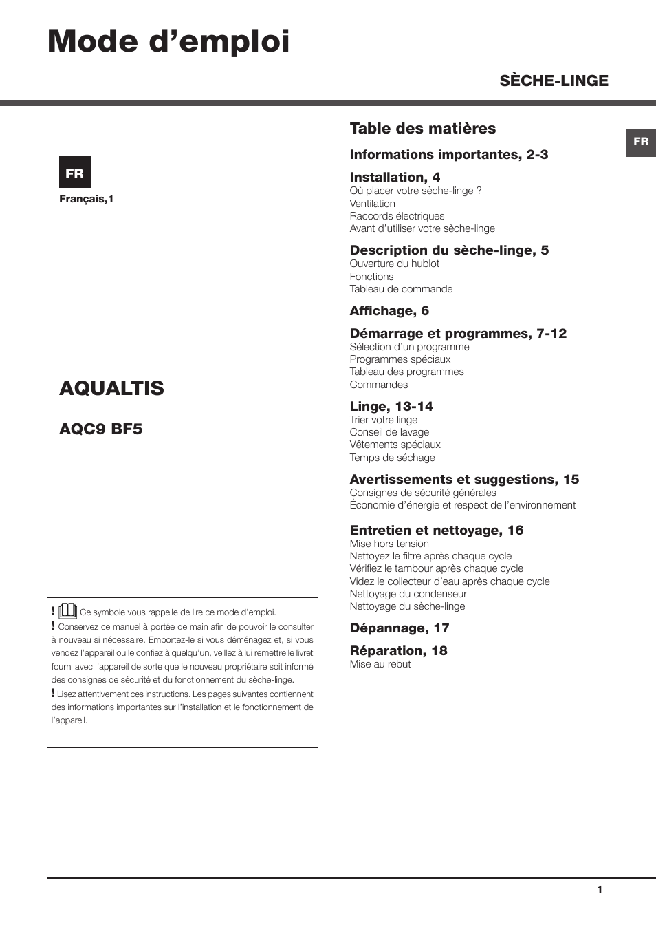 Notice lave linge hotpoint ariston 9kg