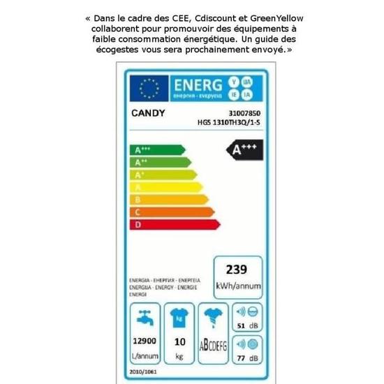 Candy hgs1310thq1-s - lave linge frontal - 10kg - 1300 tours / min - a+++ - moteur induction