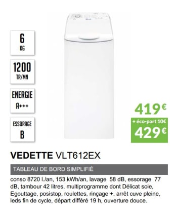Lave linge vedette vlt612ex
