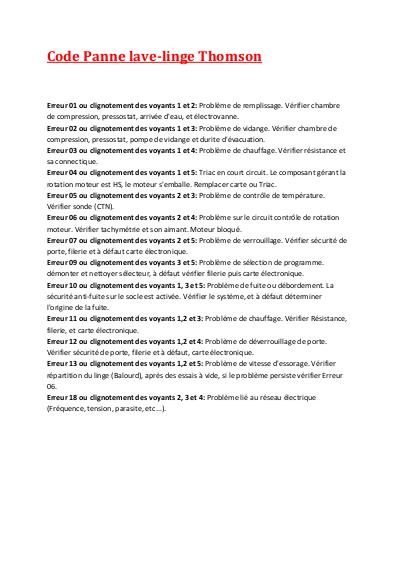 Thomson lave linge notice